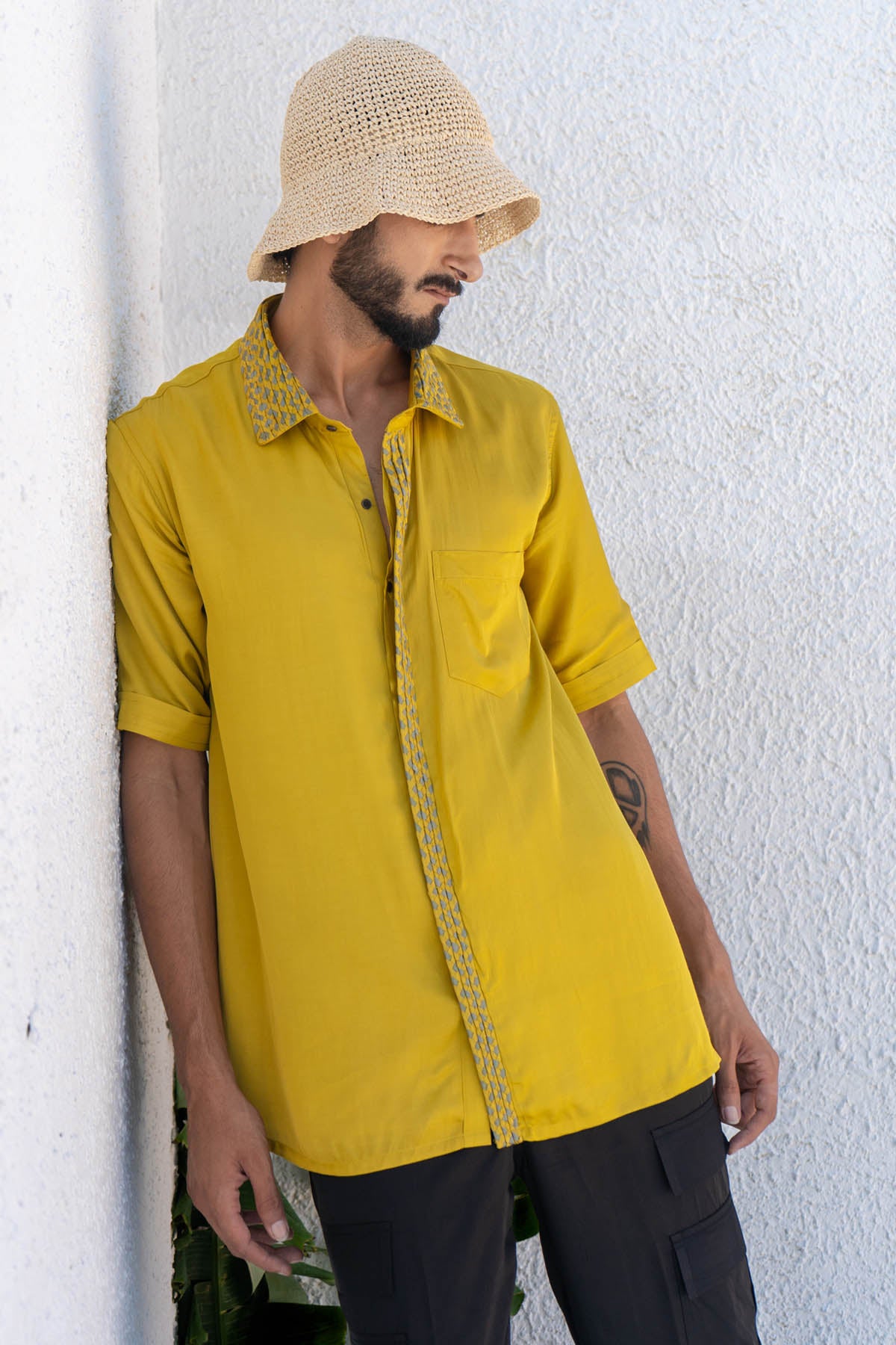 Buy Neora by Nehal ChopraYellow & Green Braided Shirt for Men Online